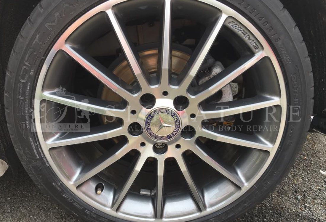 Diamond cut Mercedes alloy wheel after the face was re-machined and re-lacquered
