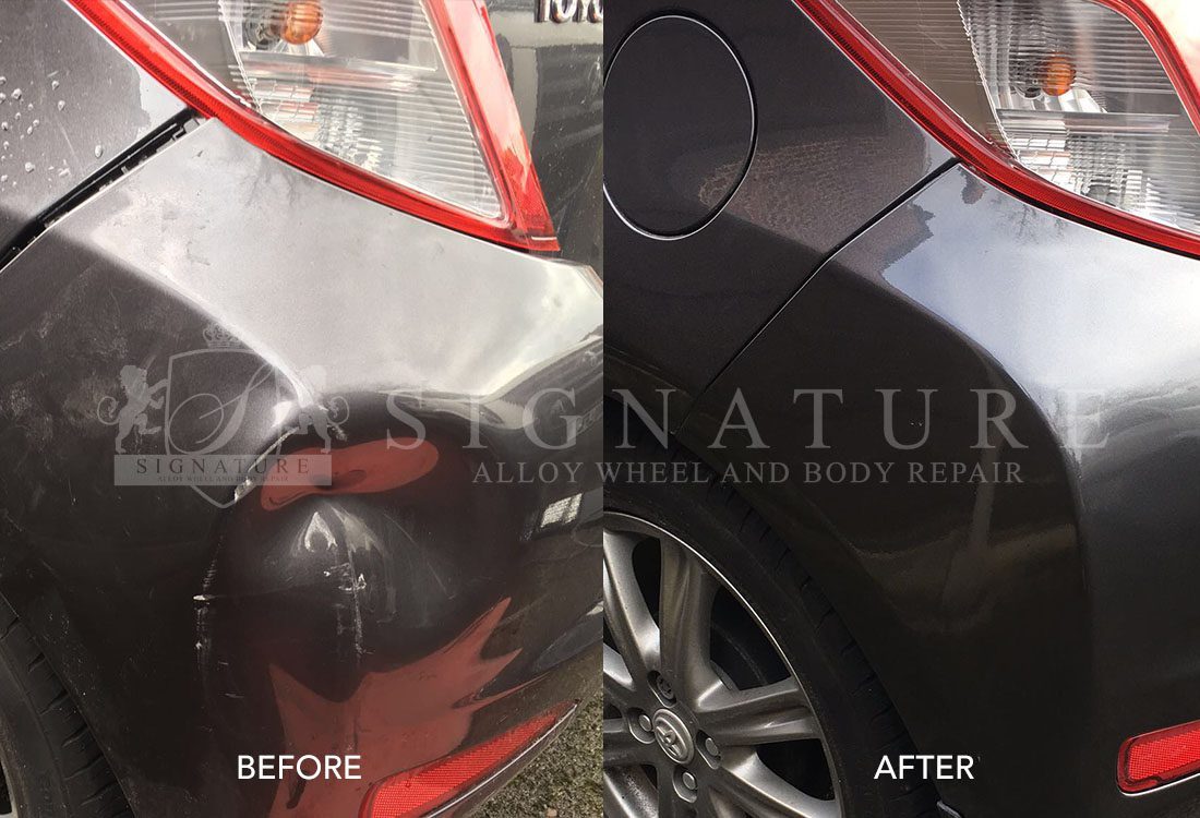 Before and after a dent repair to the rear wing of a black car