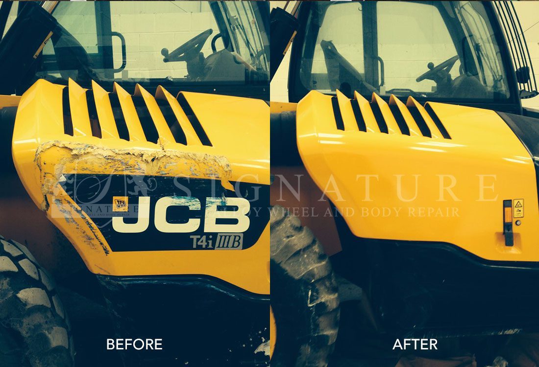 Before and after a bonnet repair and respray on a yellow JCB telehandler