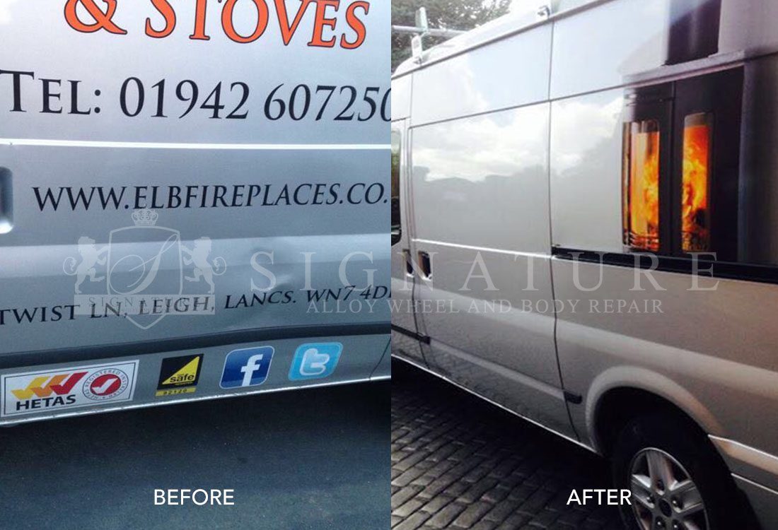 Before and after a panel repair on a white signwritten commercial van