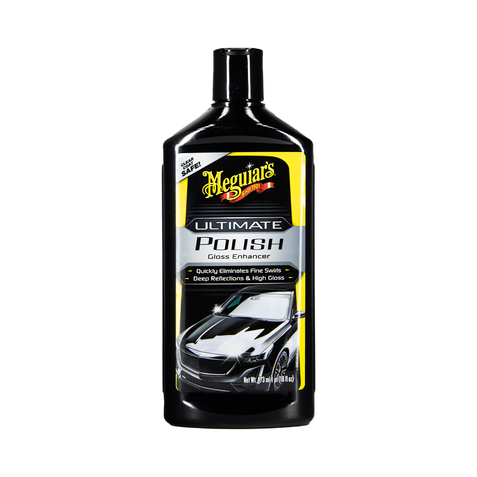 A bottle of Meguiars car polish standing on a workbench next to an applicator pad