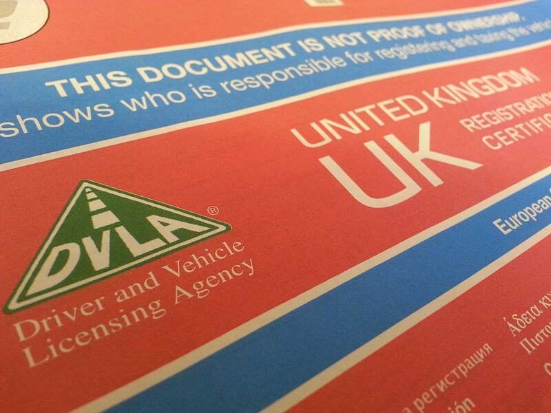 A DVLA V5C vehicle registration document, commonly called the logbook