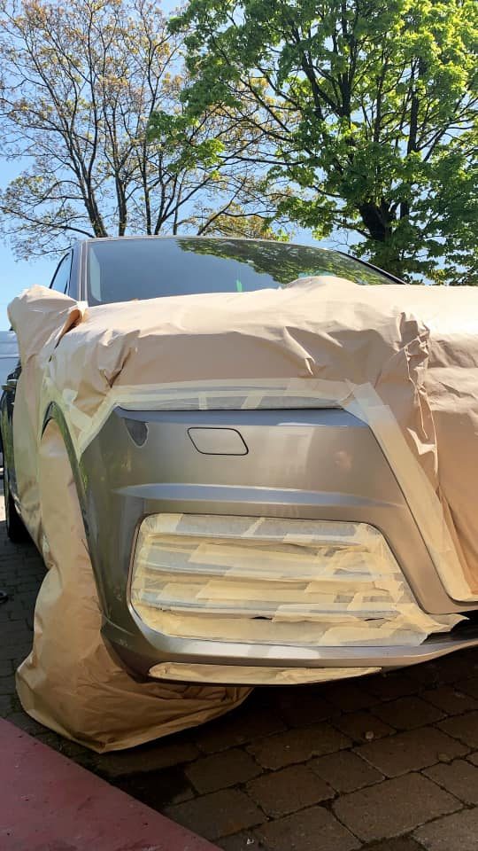 Bonnet masked and prepared for stone chip repair